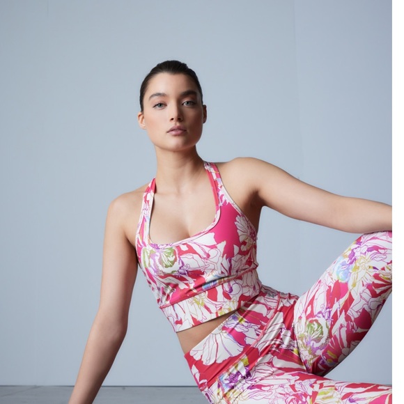 NWT JOSIE NATORI SOLSTICE T-BACK CROP TOP Size L Pink Poppy Trellis Wave - Picture 1 of 11
